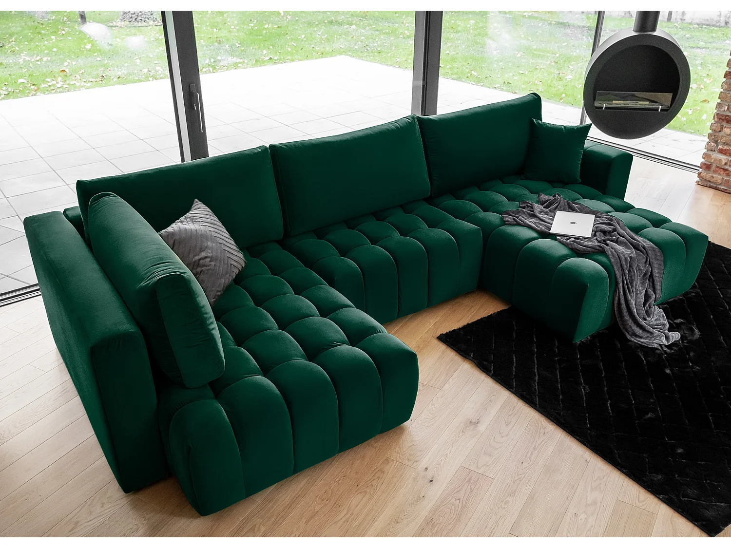 Canapé panoramique convertible design capitonné velours vert foncé méridienne droite Boston 350cm