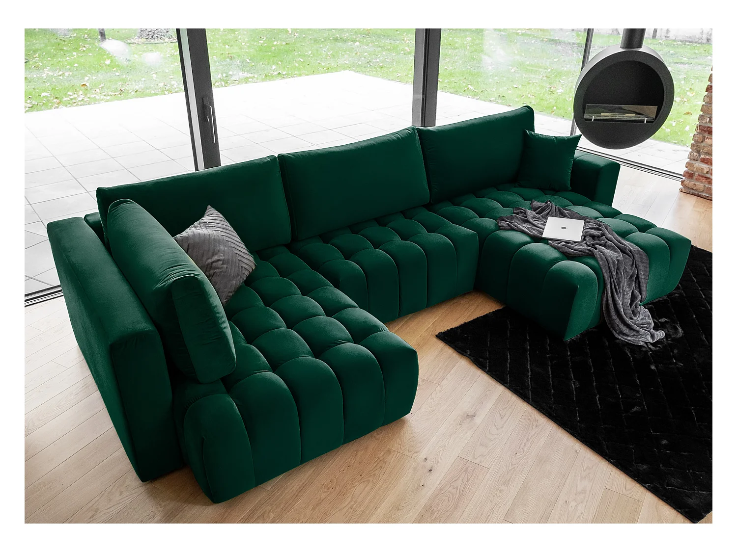 Canapé panoramique convertible design capitonné velours vert foncé méridienne droite Boston 350cm