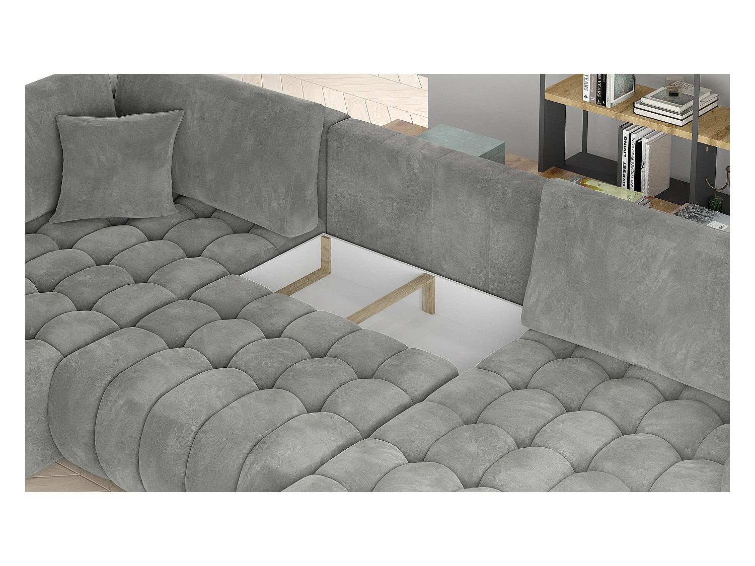 Canapé panoramique convertible design capitonné velours vert foncé méridienne droite Boston 350cm