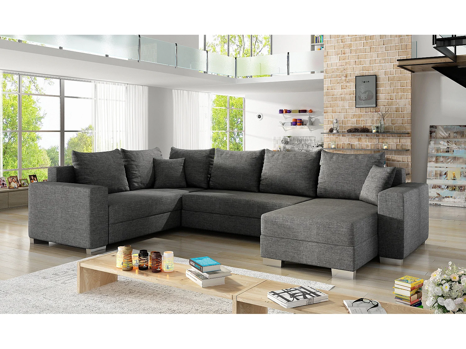 Canapé U convertible tissu gris foncé coffre de rangement à droite Marry 321cm