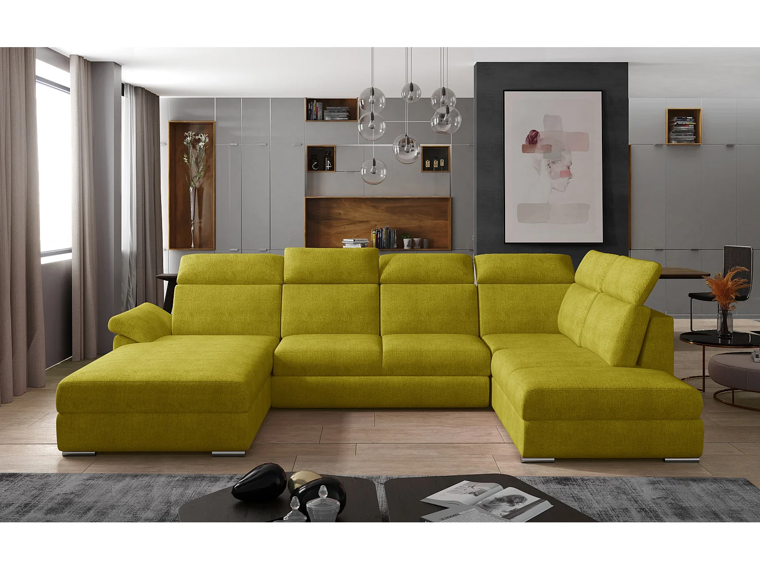 Canapé panoramique convertible tissu jaune coffre de rangement à gauche Levano 330cm