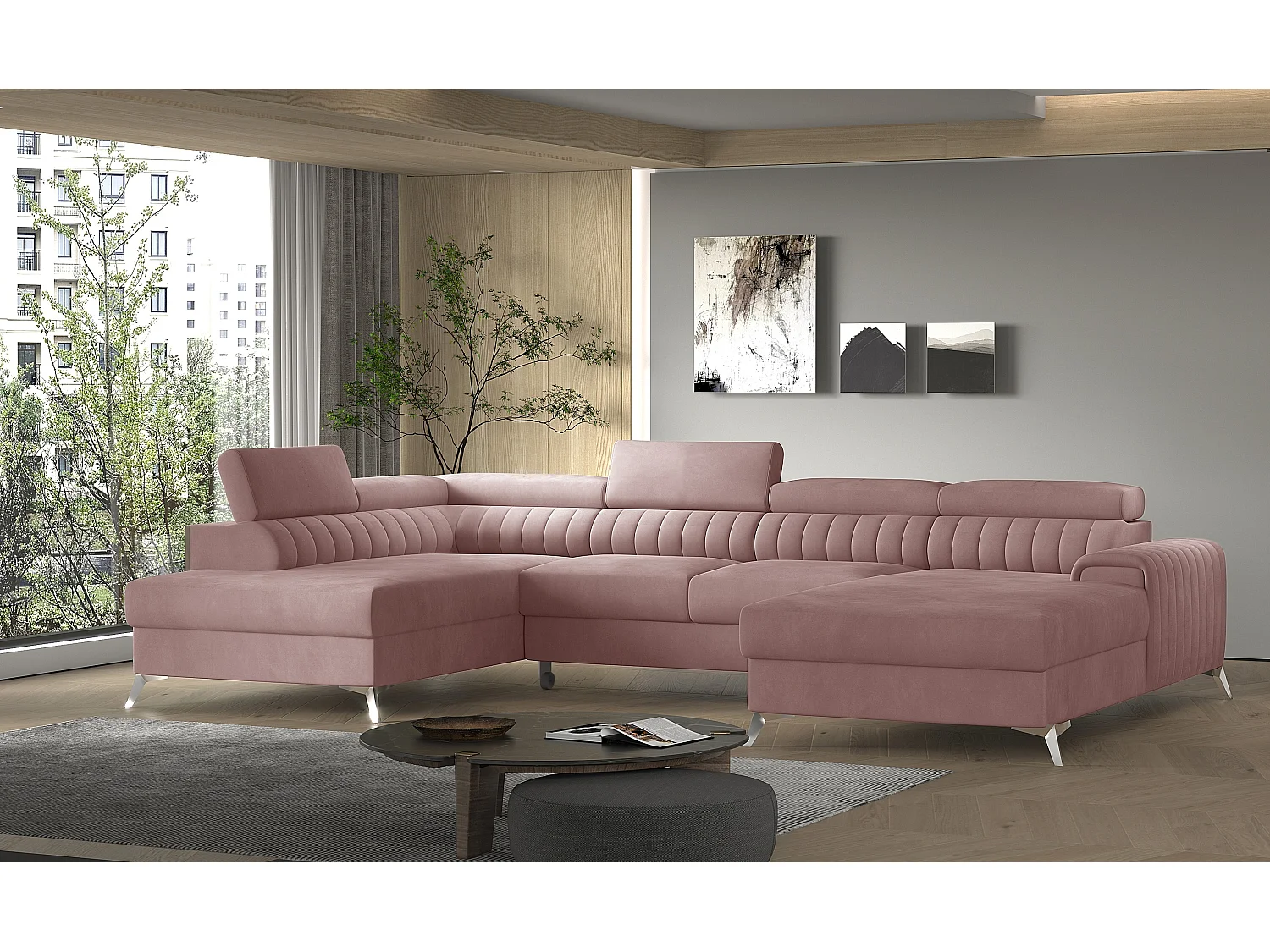 Canapé d'angle U tissu doux brillant rose coffre de rangement à gauche Kalante 347cm