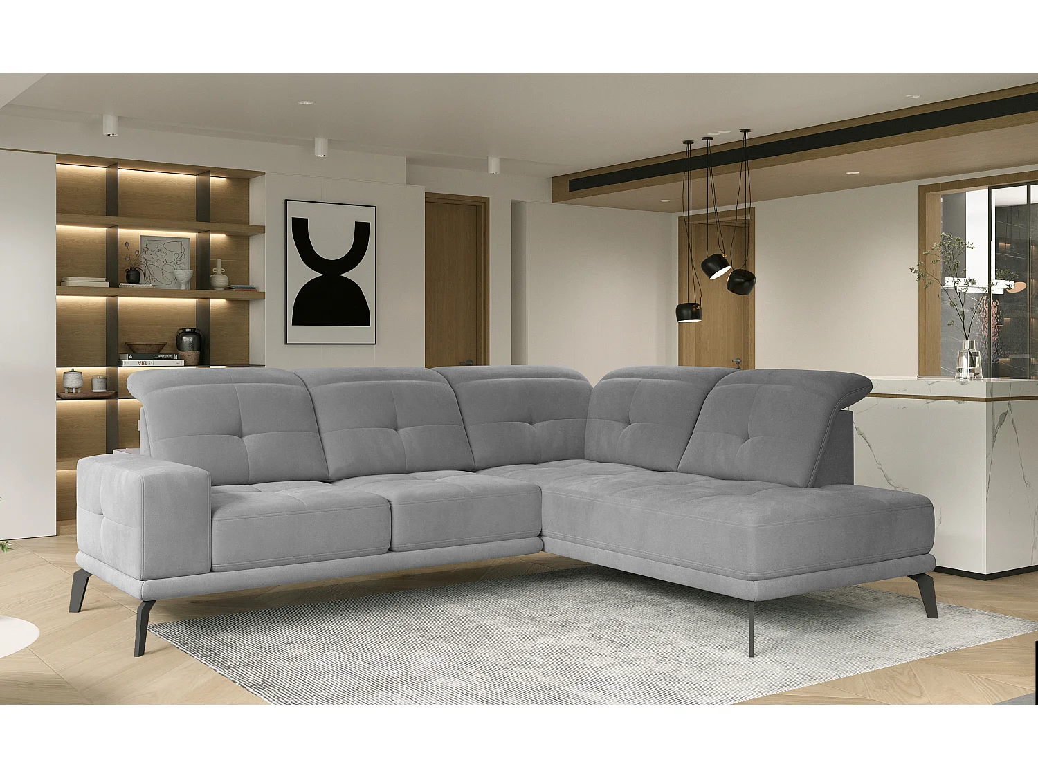 Canapé d'angle droit design matelassé tissu doux brillant bleu minuit et pied noir Kazane 275cm