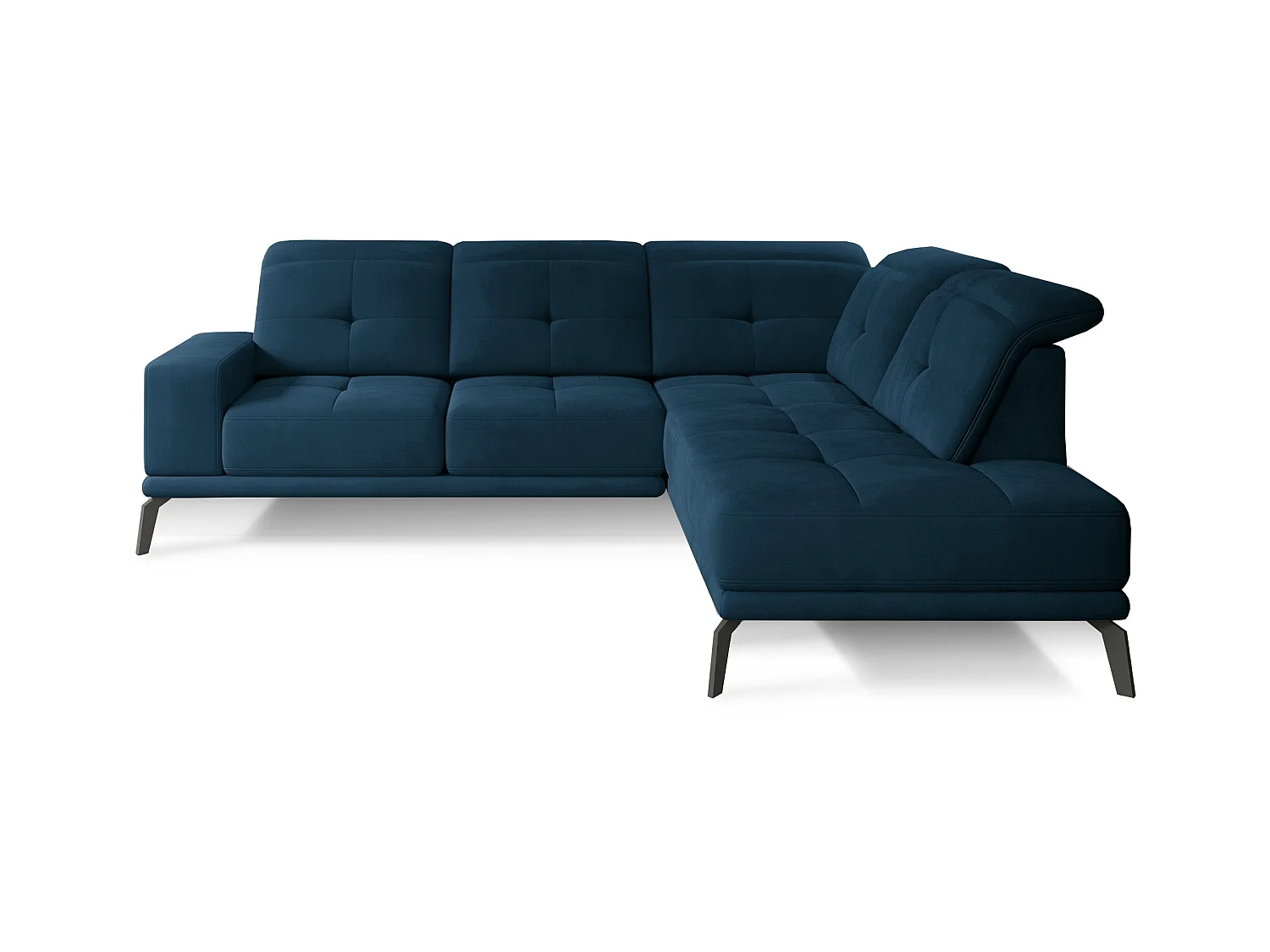 Canapé d'angle droit design matelassé tissu doux brillant bleu minuit et pied noir Kazane 275cm