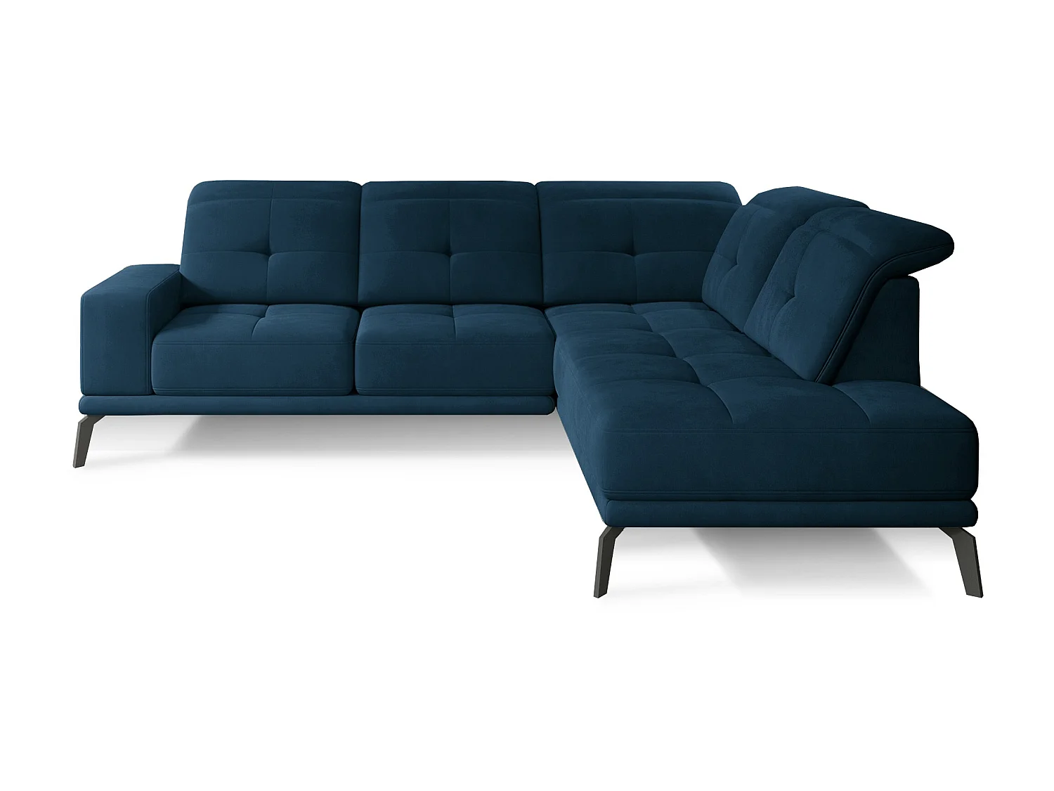 Canapé d'angle droit design matelassé tissu doux brillant bleu minuit et pied noir Kazane 275cm