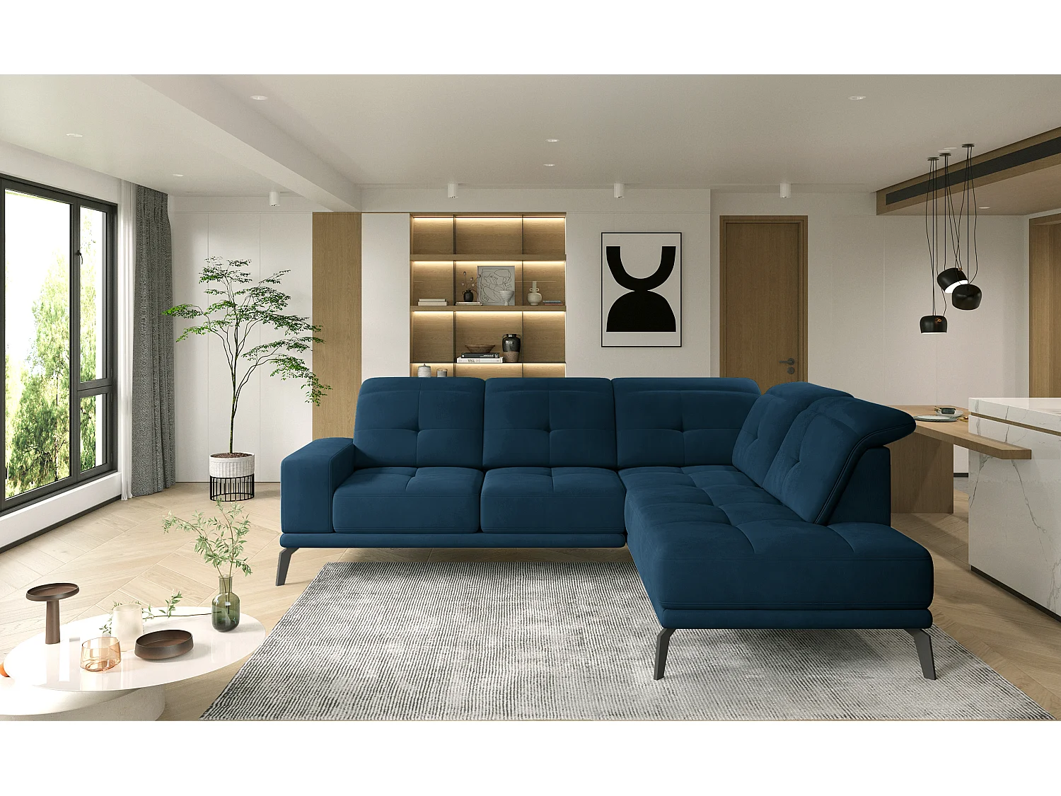 Canapé d'angle droit design matelassé tissu doux brillant bleu minuit et pied noir Kazane 275cm