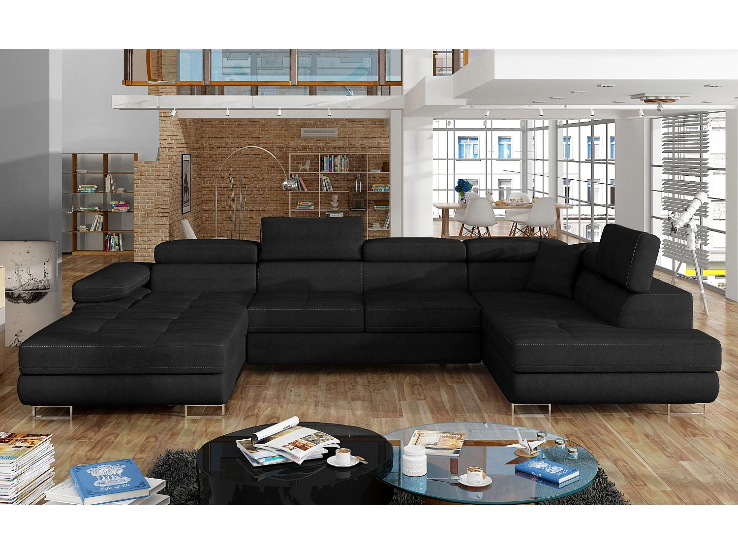 Panoramische zwart fluwelen slaapbank met opbergdoos Romano 345 cm-Opslagruimte naar rechts