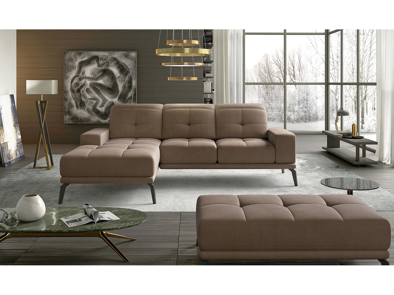 Canapé d'angle gauche 5 places velours marron clair Torpille 265cm