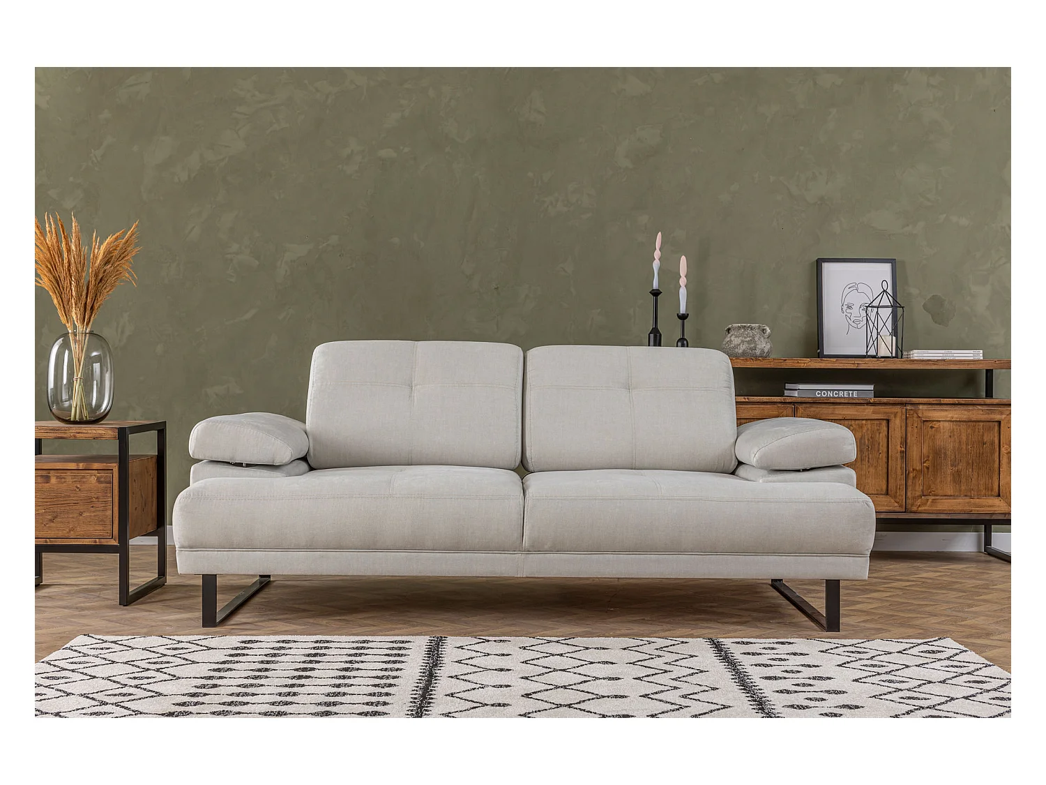 Canapé droit moderne 2 places tissu doux beige clair pieds métal noir Kustone 199cm