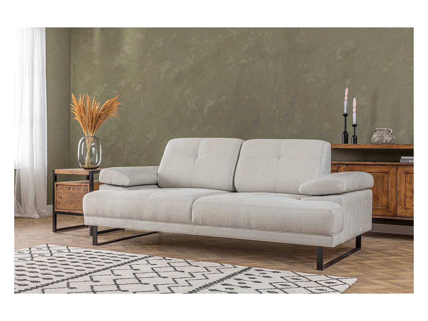 Canapé droit moderne 2 places tissu doux beige clair pieds métal noir Kustone 199cm