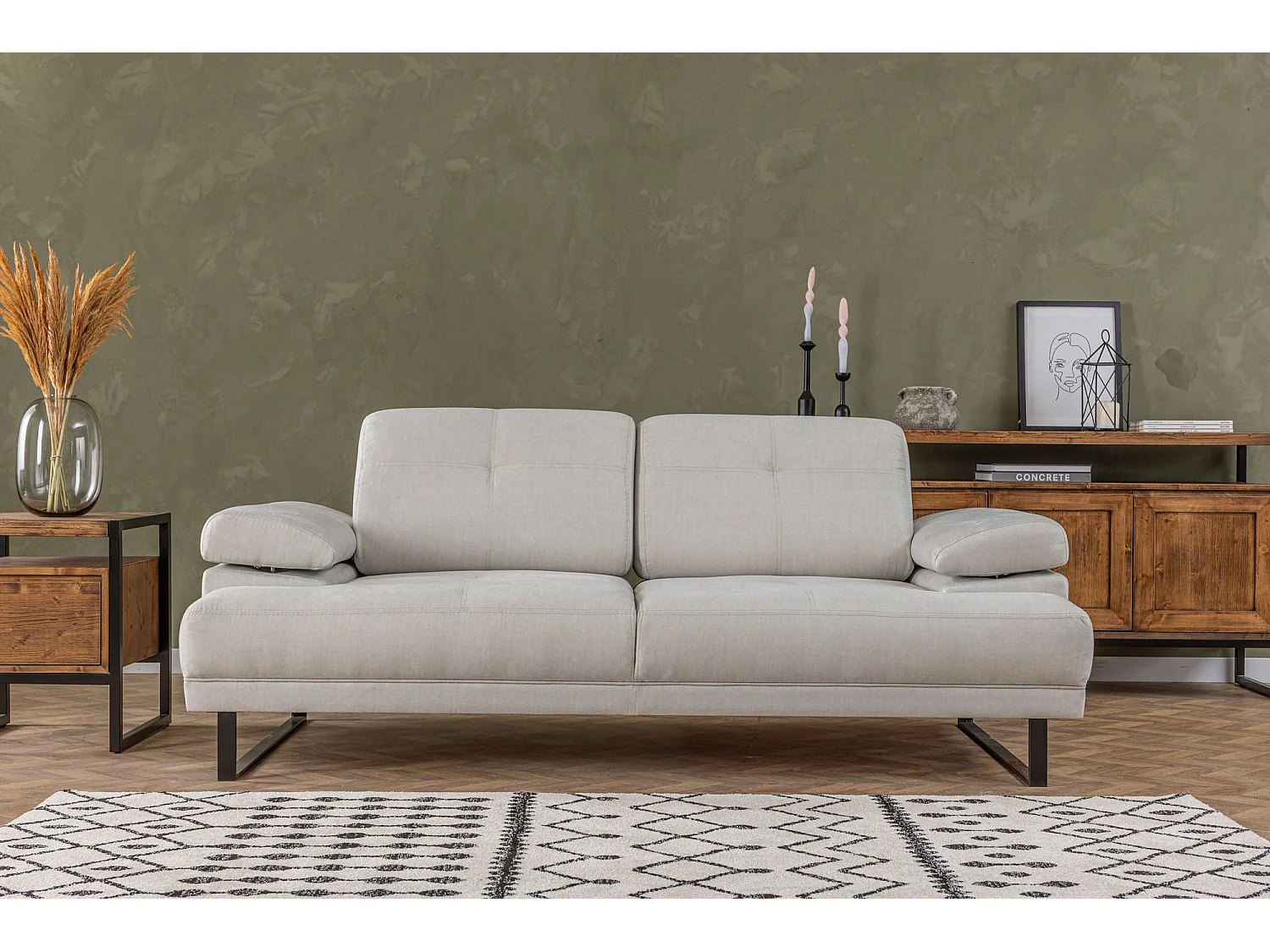 Moderne 2-zits rechte bank zacht lichtbeige stof zwart metalen poten Kustone 199 cm