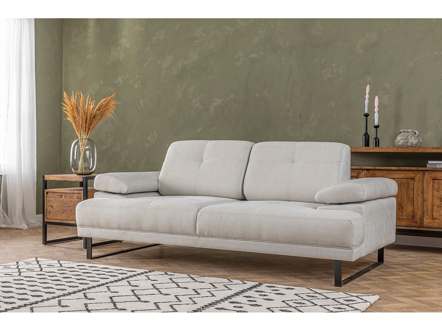 Moderne 2-zits rechte bank zacht lichtbeige stof zwart metalen poten Kustone 199 cm