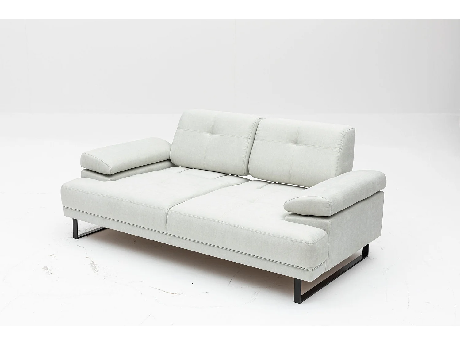 Moderne 2-zits rechte bank zacht lichtbeige stof zwart metalen poten Kustone 199 cm