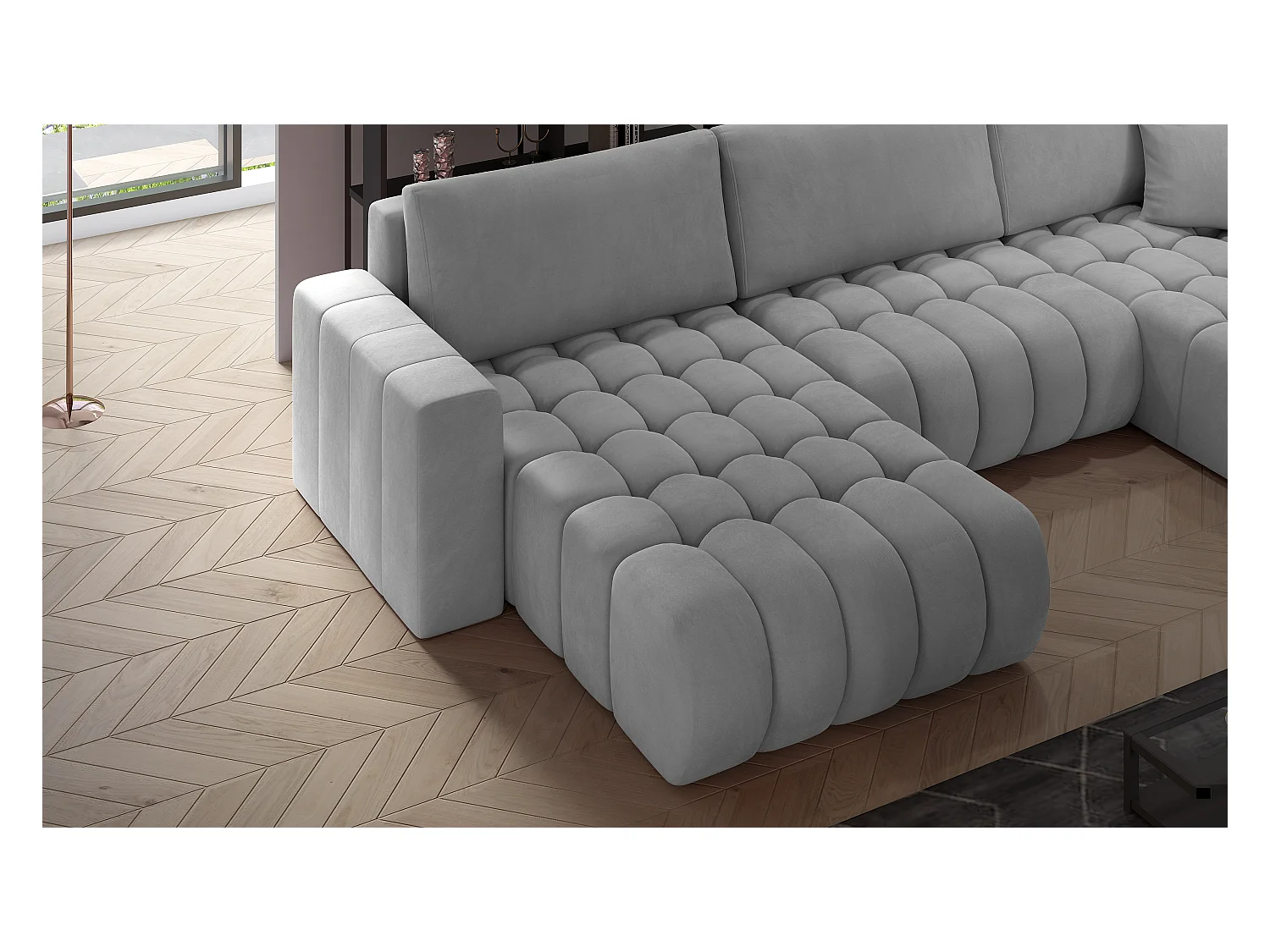 Panoramische converteerbare designbank gewatteerd lichtgrijs gemêleerde stof links chaise longue Boston 350 cm