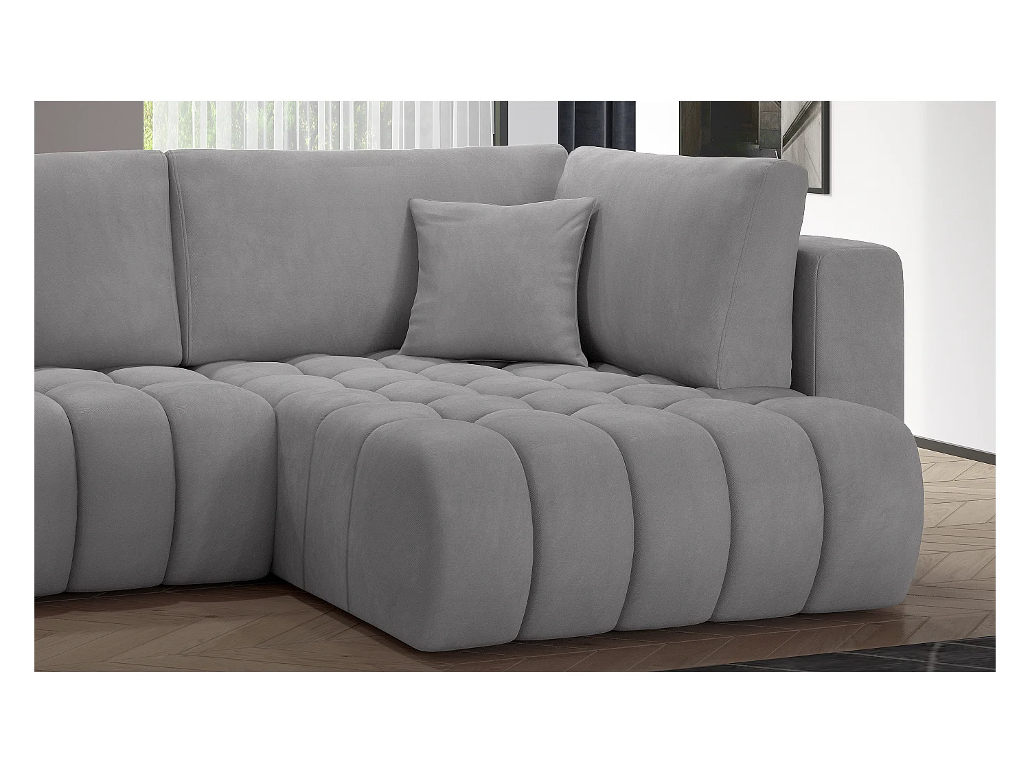 Panoramische converteerbare designbank gewatteerd lichtgrijs gemêleerde stof links chaise longue Boston 350 cm