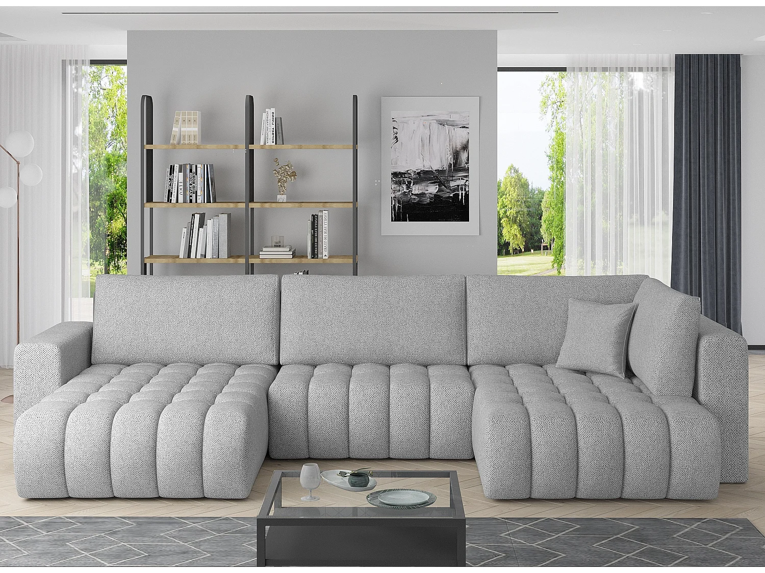 Canapé panoramique convertible design capitonné tissu gris clair chiné méridienne gauche Boston 350cm