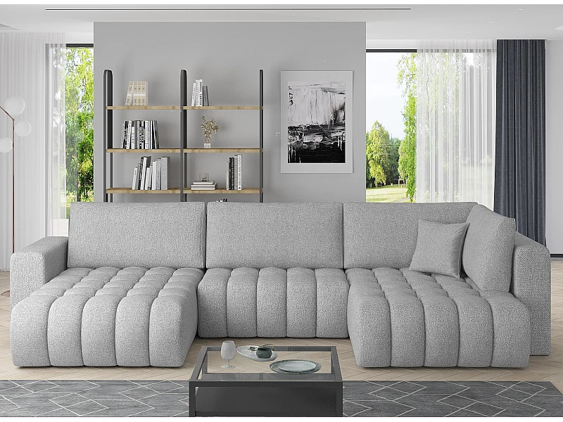 Canapé panoramique convertible design capitonné tissu gris clair chiné méridienne gauche Boston 350cm
