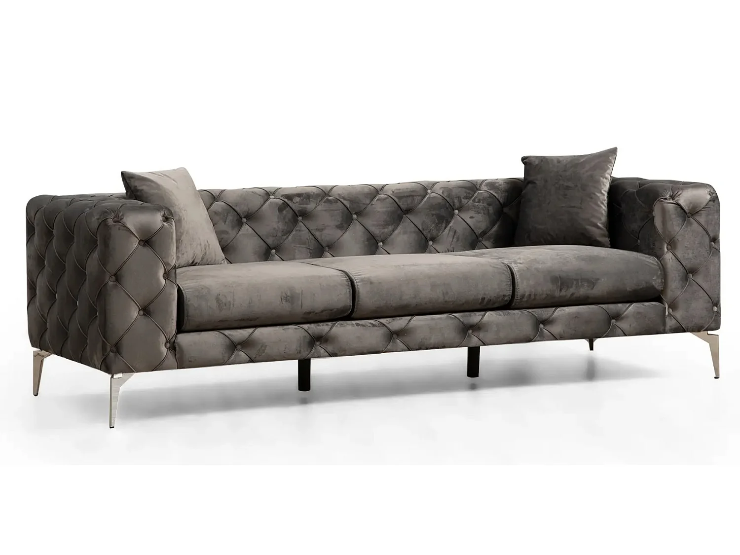 Canapé 3 places capitonné velours gris foncé et pieds chromés Herakles 237cm