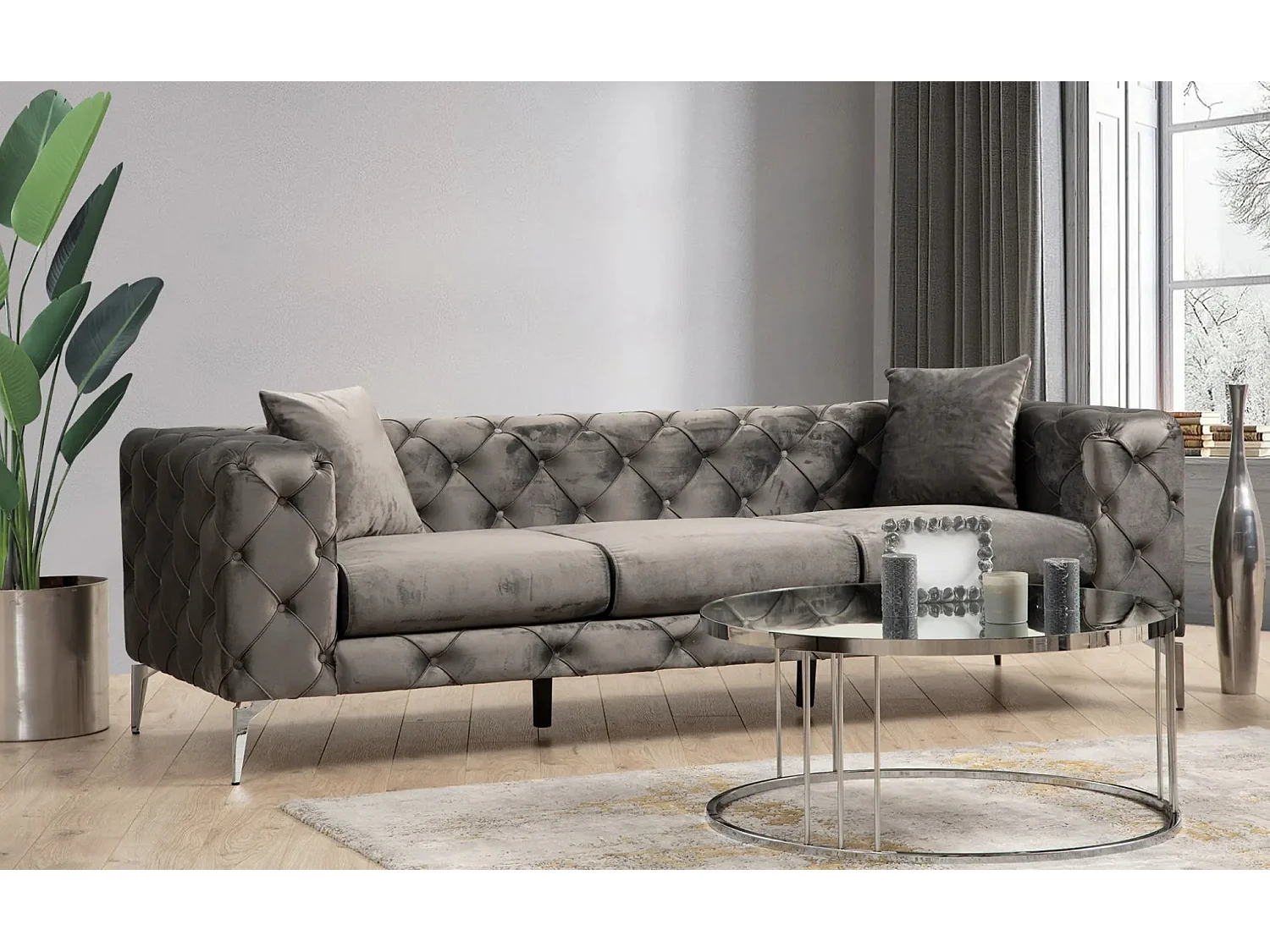 Canapé 3 places capitonné velours gris foncé et pieds chromés Herakles 237cm