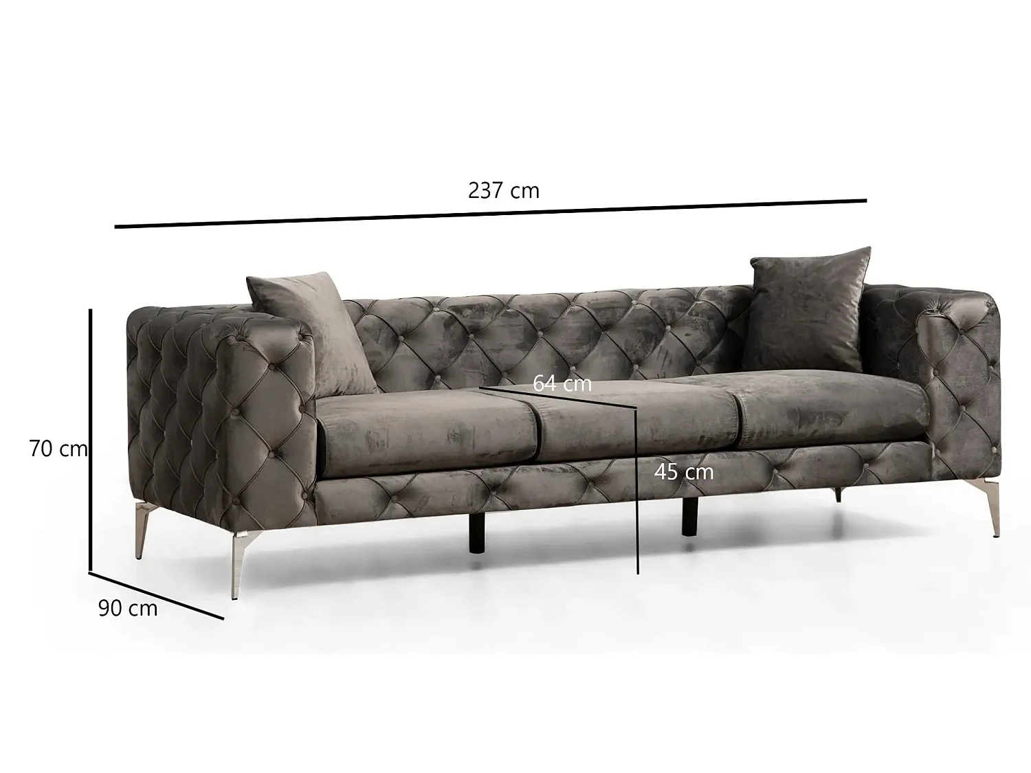 Canapé 3 places capitonné velours gris foncé et pieds chromés Herakles 237cm