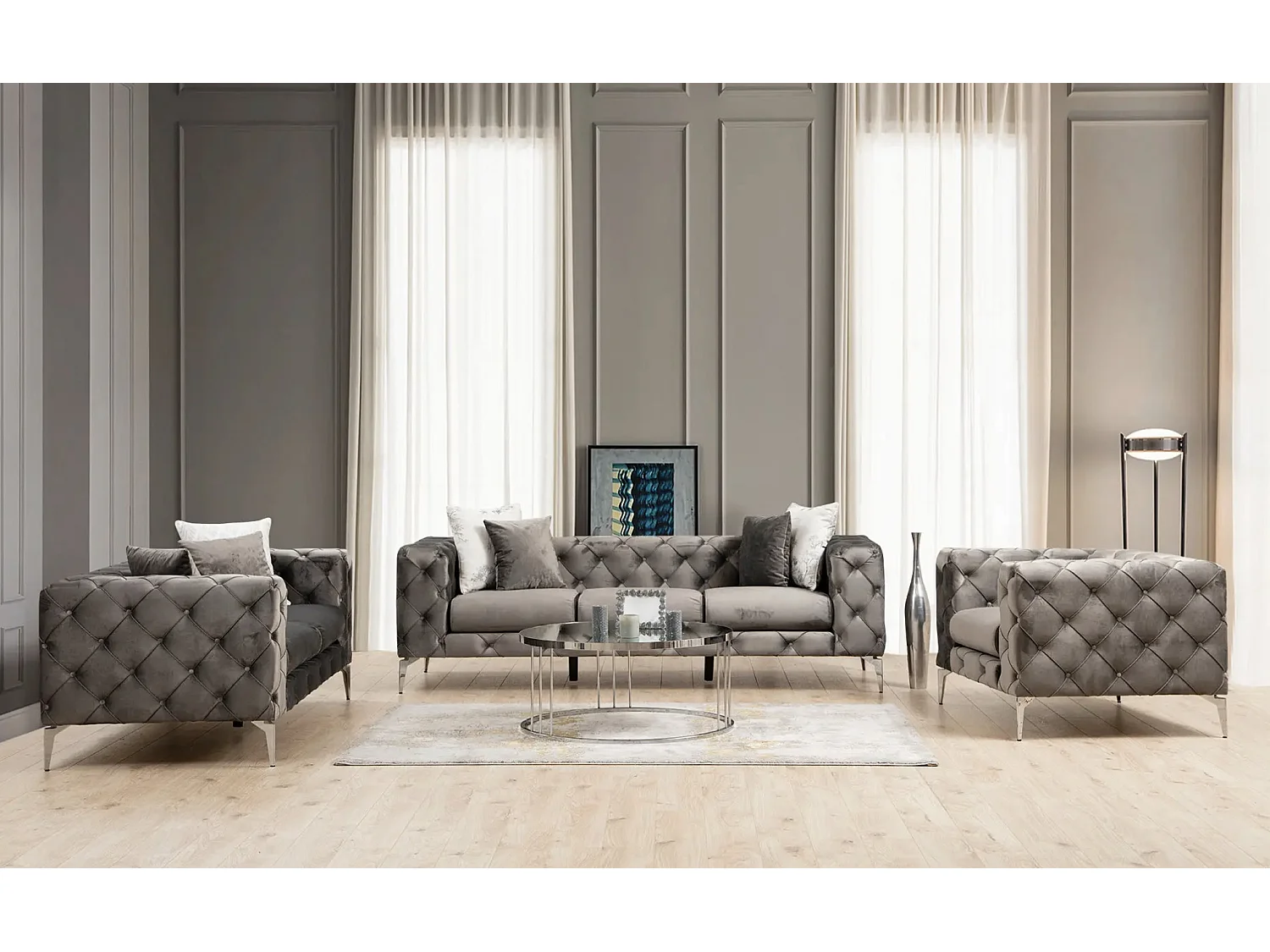 3-zitsbank gestoffeerd in donkergrijs fluweel en chromen poten Herakles 237 cm