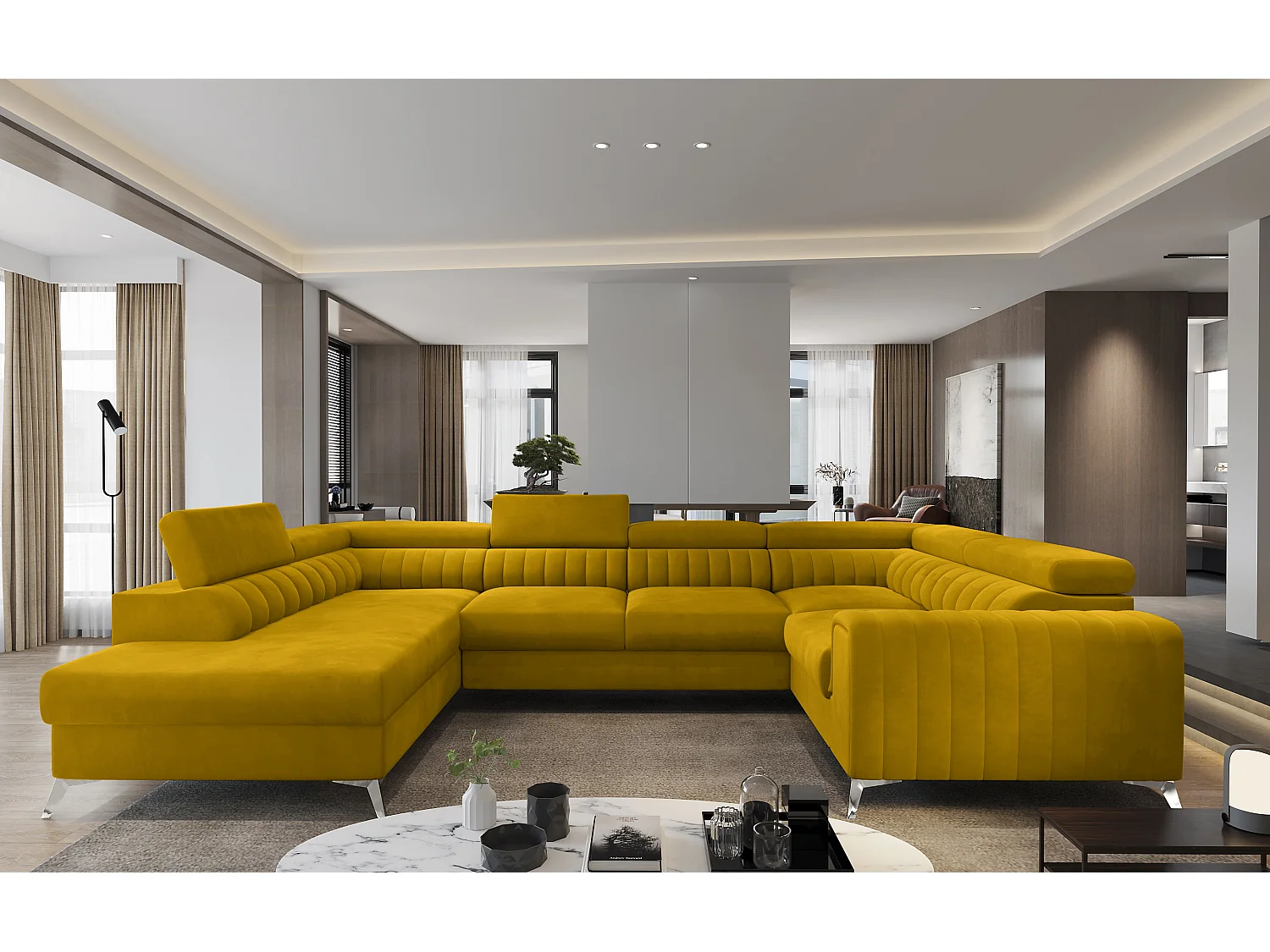 Canapé panoramique convertible velours jaune avec coffre de rangement Louve 340cm-Coffre de rangement à gauche