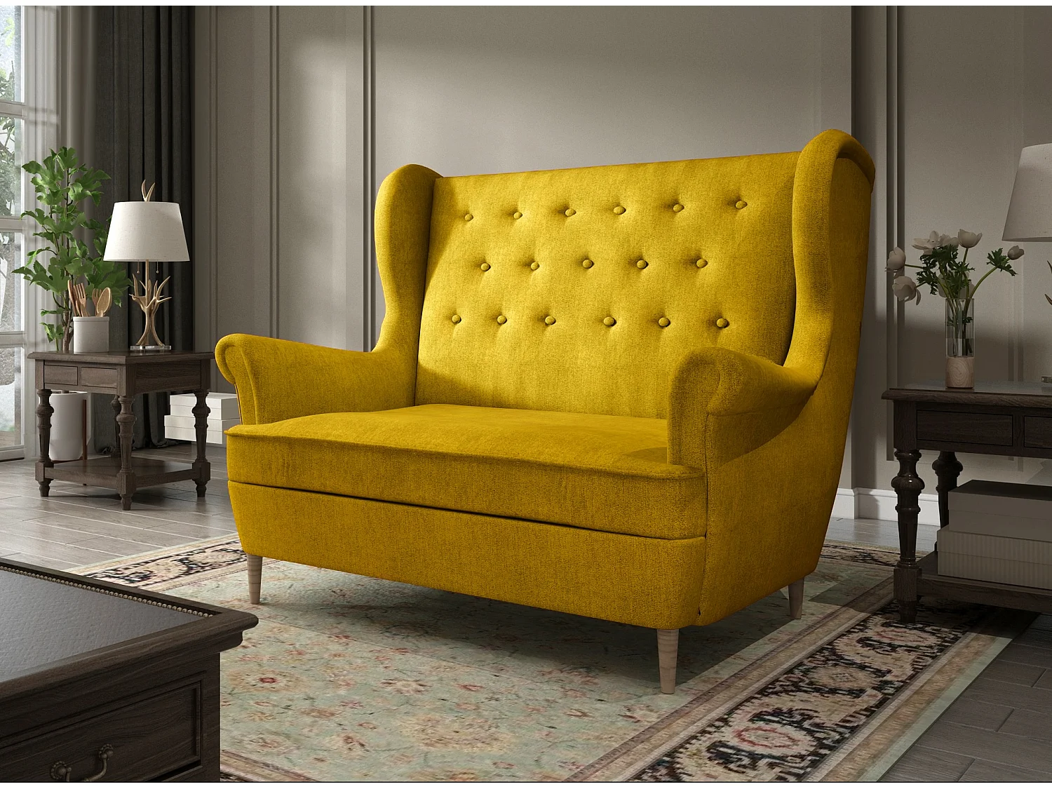 Canapé 2 places tissu jaune capitonné Lizzi 150cm