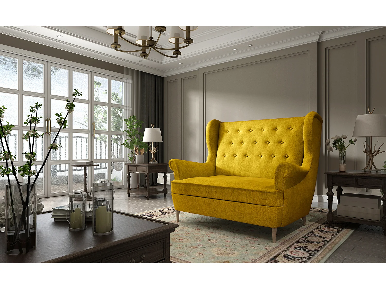 Canapé 2 places tissu jaune capitonné Lizzi 150cm