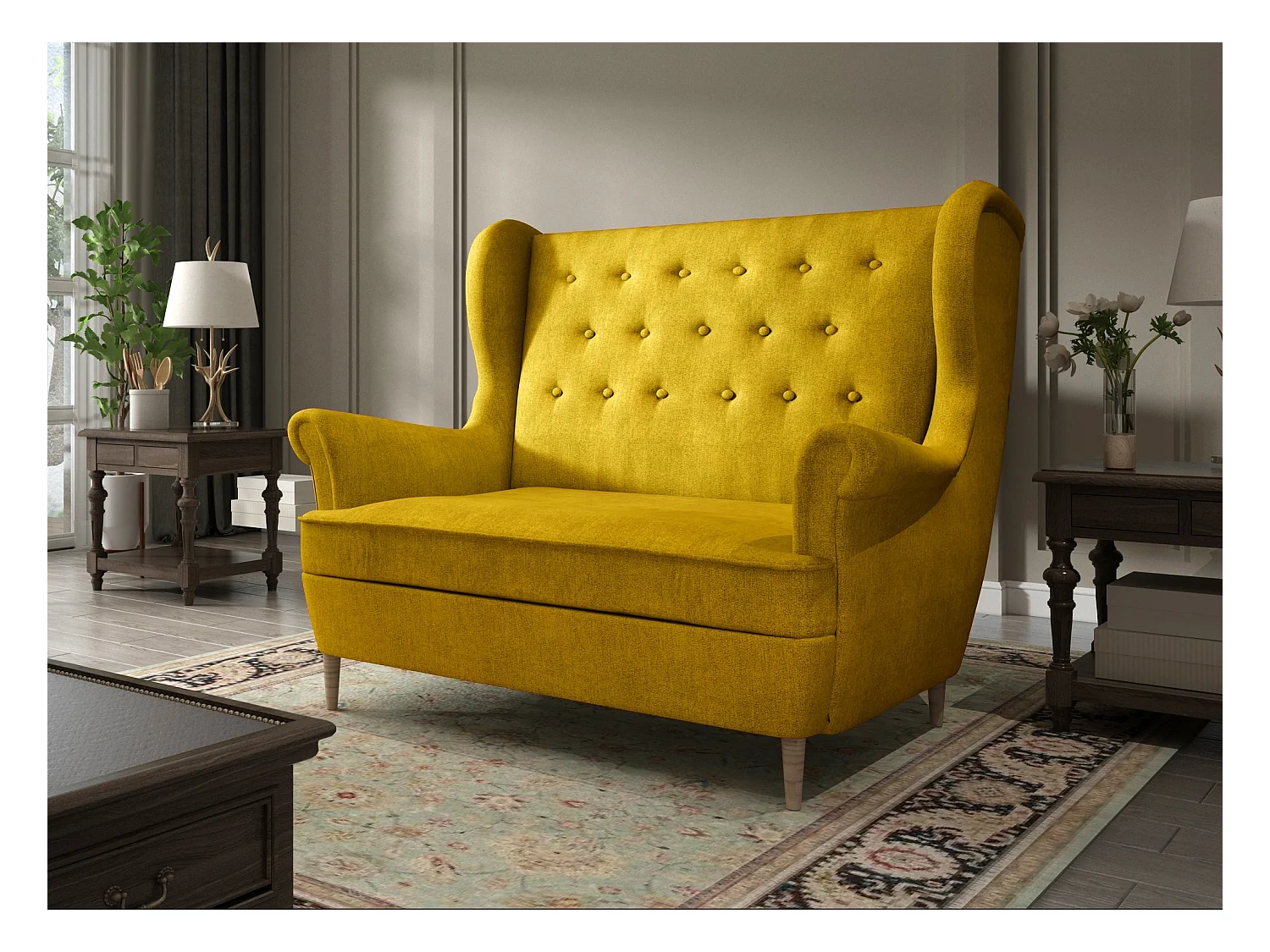 Canapé 2 places tissu jaune capitonné Lizzi 150cm