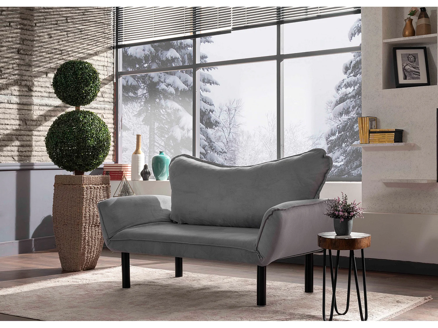 Canapé convertible 2 places tissu gris Kalos 140cm