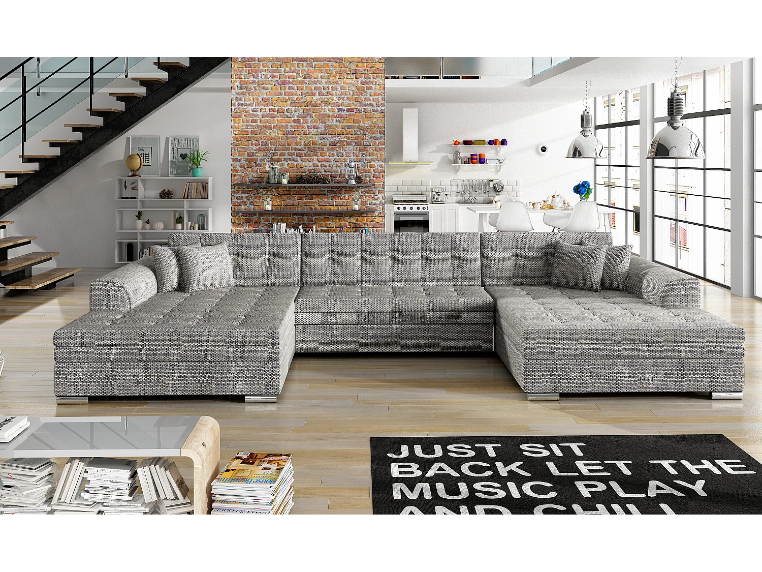 Grand canapé panoramique convertible tissu gris chiné Vira 359cm