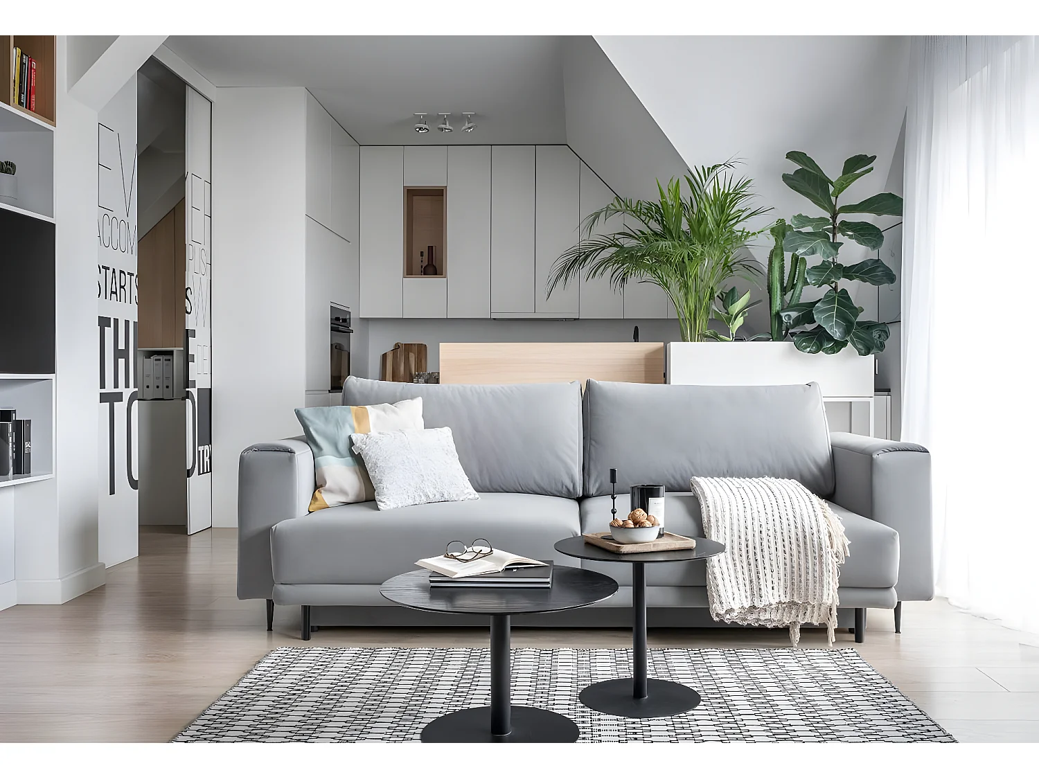 Canapé convertible design 4 places velours gris clair et pieds métal noir Arkia 260cm