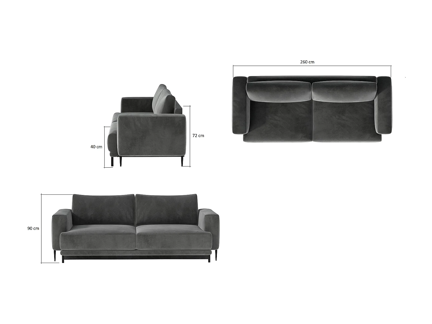 Canapé convertible design 4 places velours gris clair et pieds métal noir Arkia 260cm
