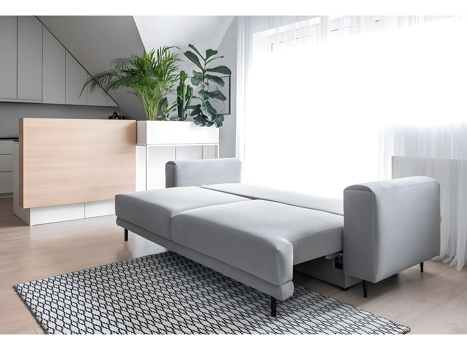 Canapé convertible design 4 places velours gris clair et pieds métal noir Arkia 260cm