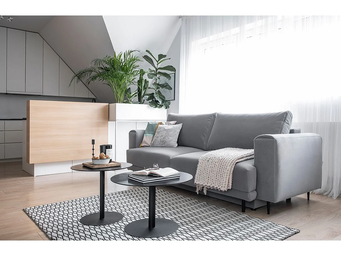 Canapé droit convertible 3 places velours DAVINA 246cm - Coffre & pieds métal noir-Gris