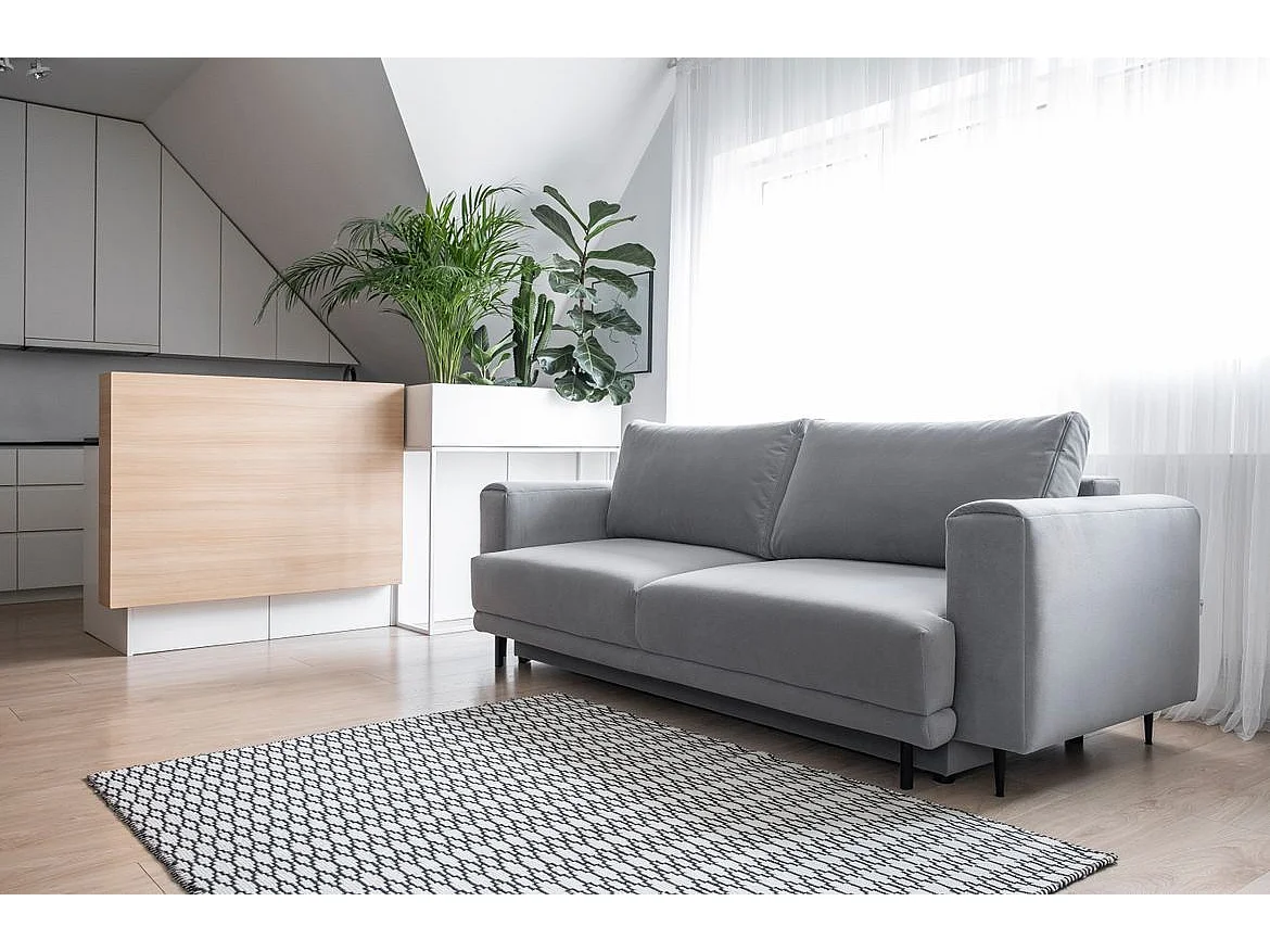 Canapé droit convertible 3 places velours DAVINA 246cm - Coffre & pieds métal noir-Gris