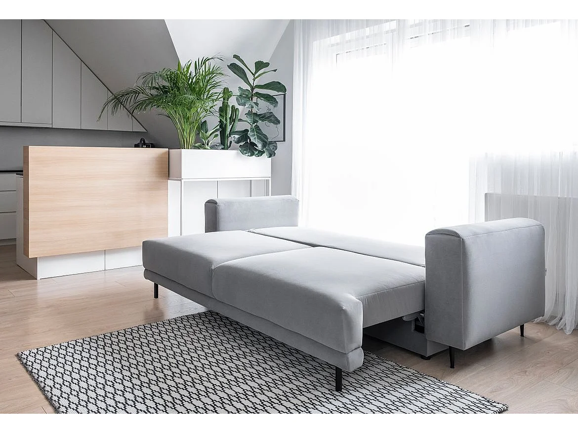 Canapé droit convertible 3 places velours DAVINA 246cm - Coffre & pieds métal noir-Gris