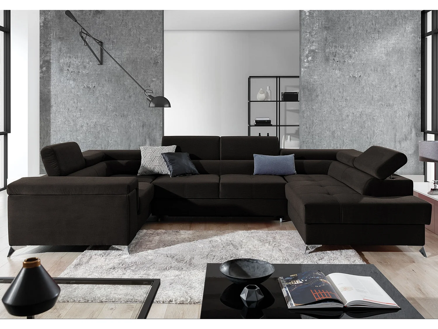 Canapé panoramique convertible velours marron avec coffre de rangement Triano 342cm-Coffre de rangement à droite