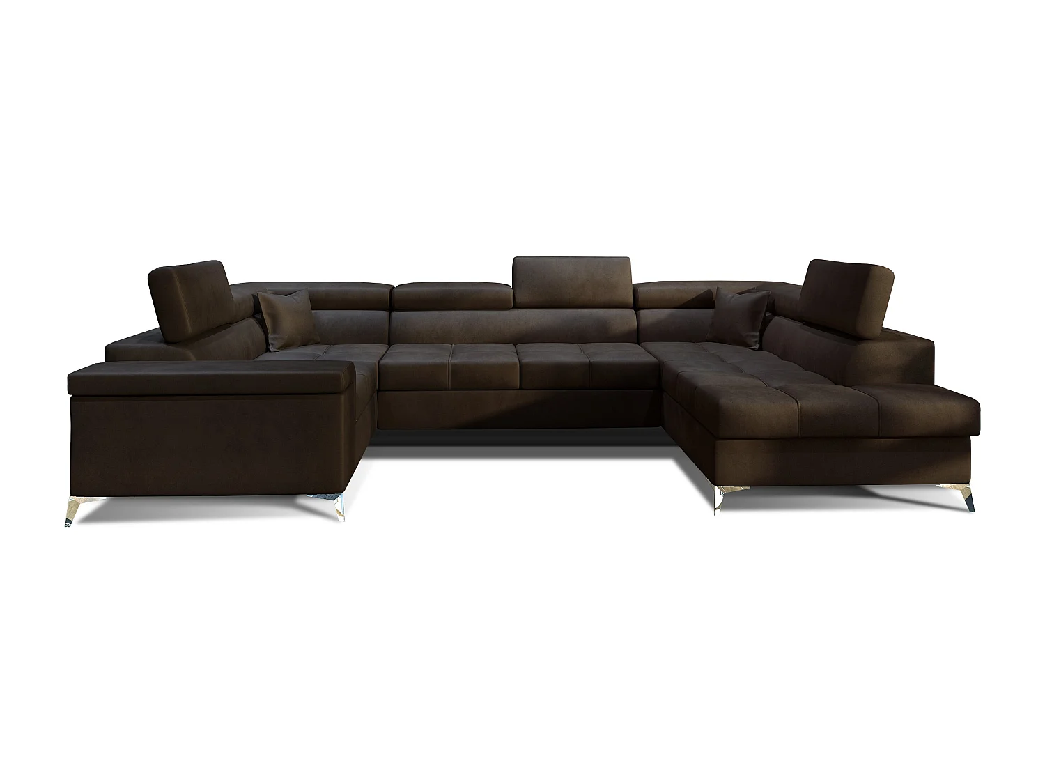 Canapé panoramique convertible velours marron avec coffre de rangement Triano 342cm-Coffre de rangement à droite