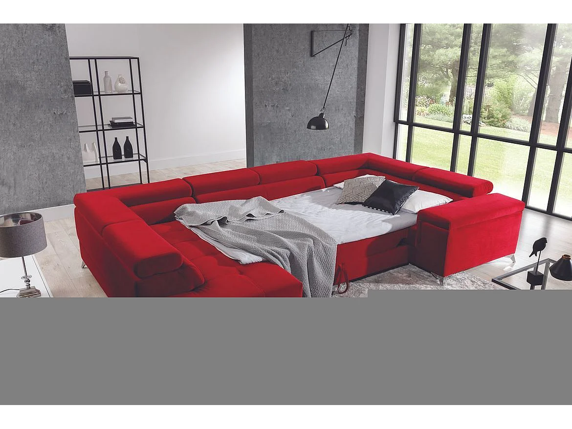 Canapé panoramique convertible velours marron avec coffre de rangement Triano 342cm-Coffre de rangement à droite