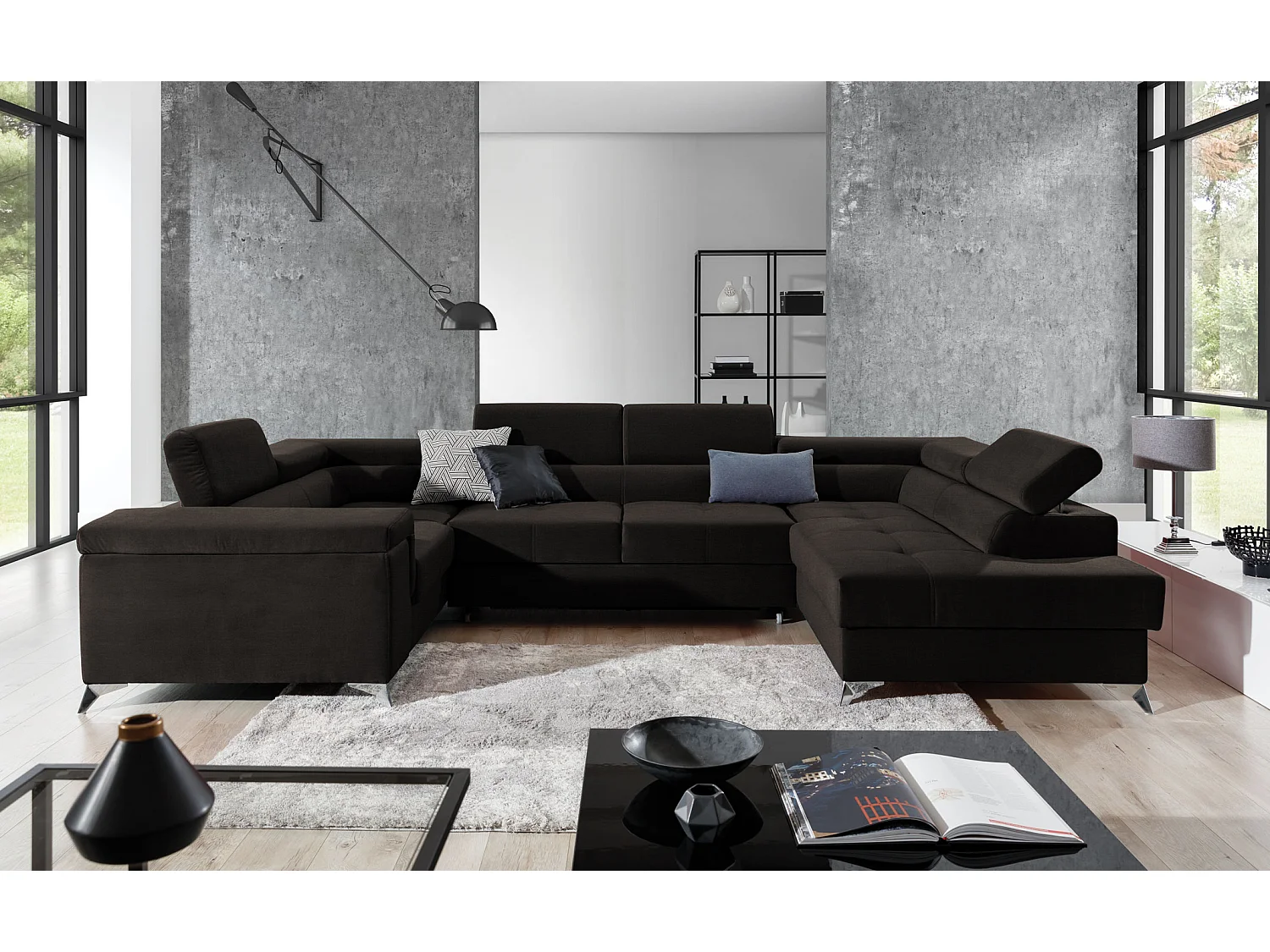 Bruin fluwelen panoramische slaapbank met Triano opbergbox 342 cm-Opslagruimte naar rechts