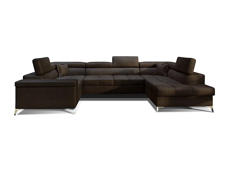 Canapé panoramique convertible velours marron avec coffre de rangement Triano 342cm-Coffre de rangement à droite