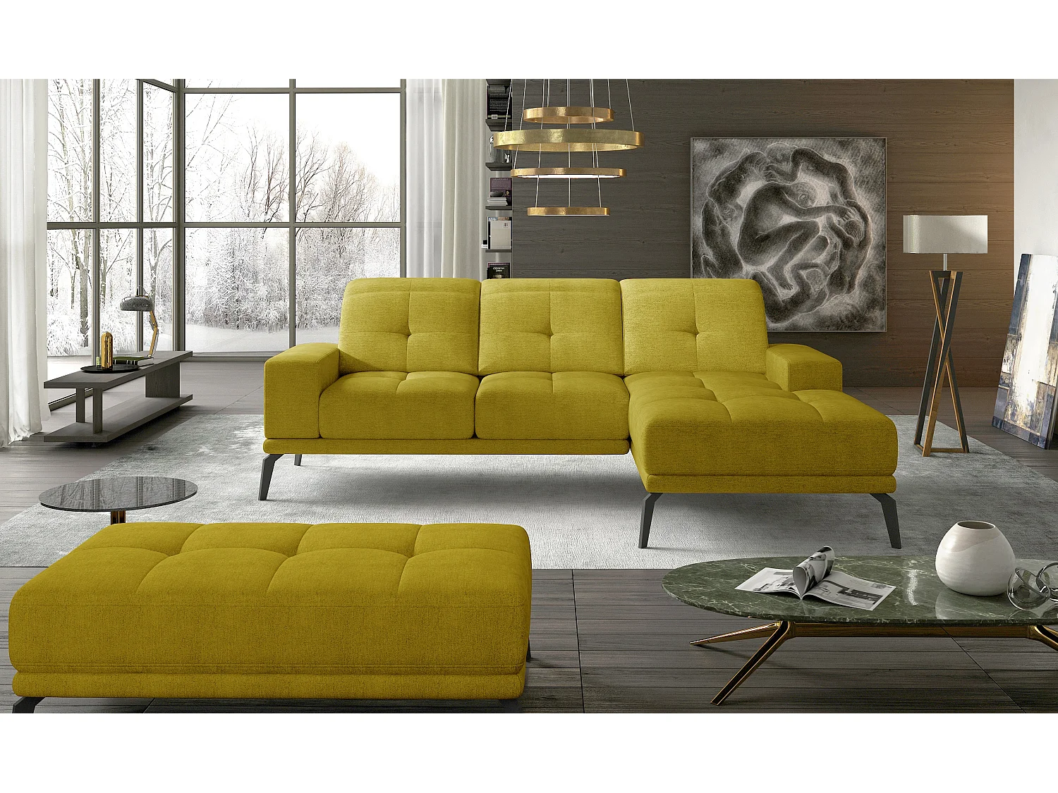 Rechterhoekbank 5 zits gele stof Torpille 265 cm