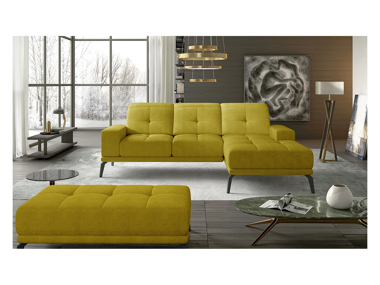 Canapé d'angle droit 5 places tissu jaune Torpille 265cm