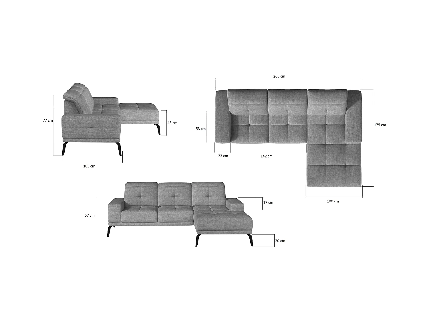 Canapé d'angle droit 5 places tissu jaune Torpille 265cm