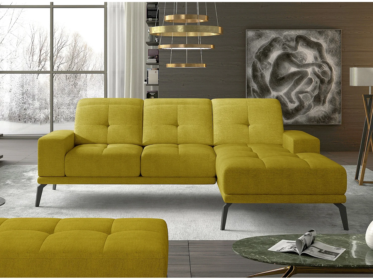 Canapé d'angle droit 5 places tissu jaune Torpille 265cm