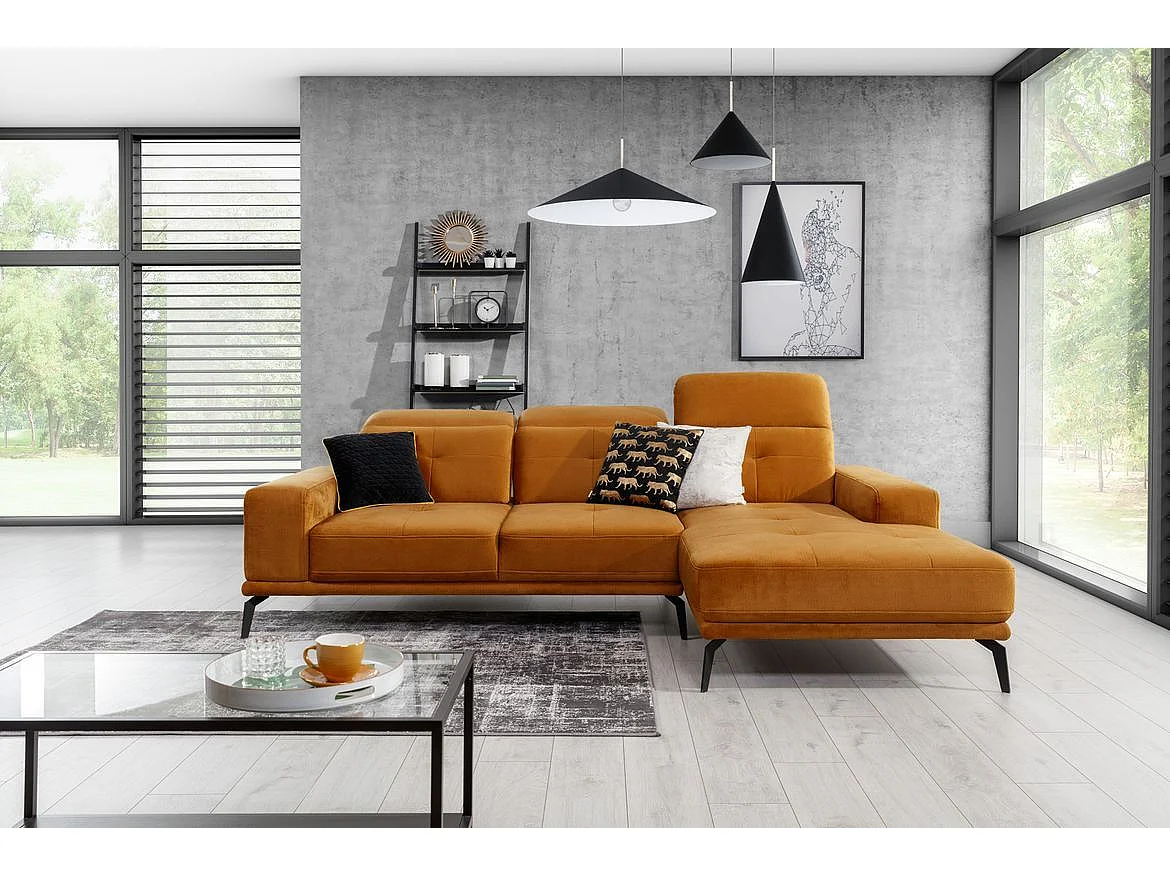 Canapé d'angle droit 5 places tissu jaune Torpille 265cm