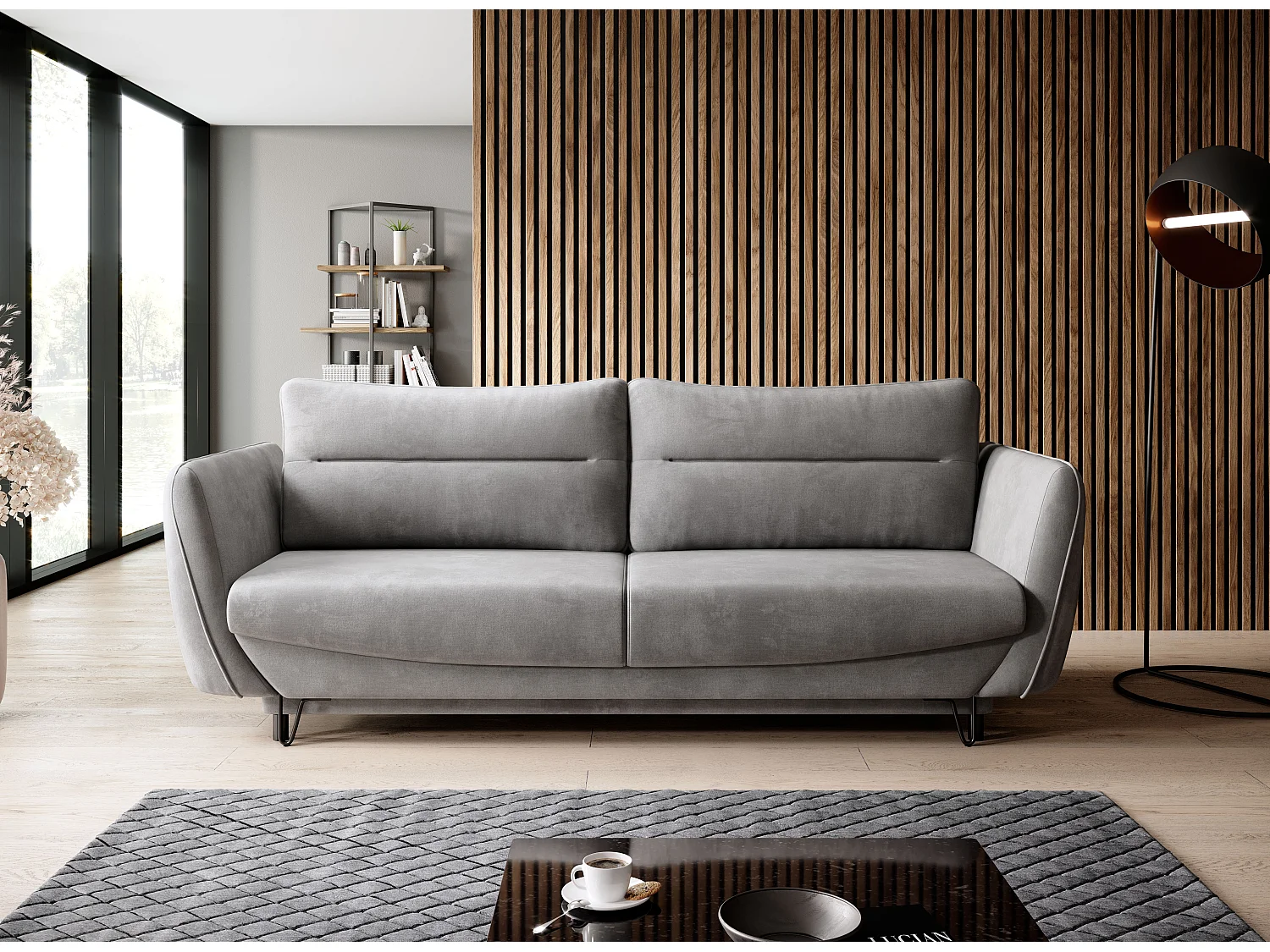 3/4-zits slaapbank in zachte grijze stof Zurik 236 cm