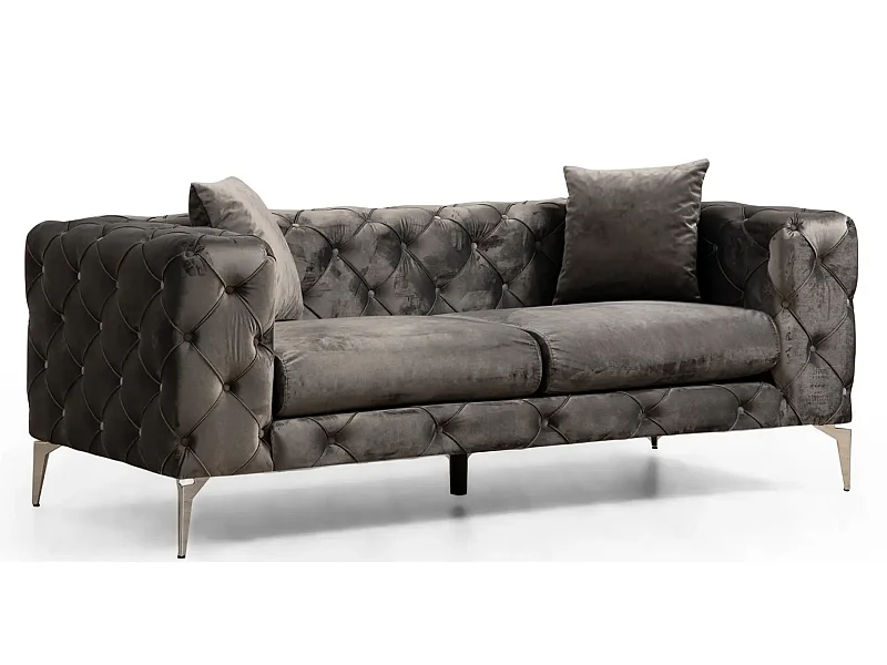 Canapé 2 places capitonné velours gris foncé et pieds chromés Herakles 197cm