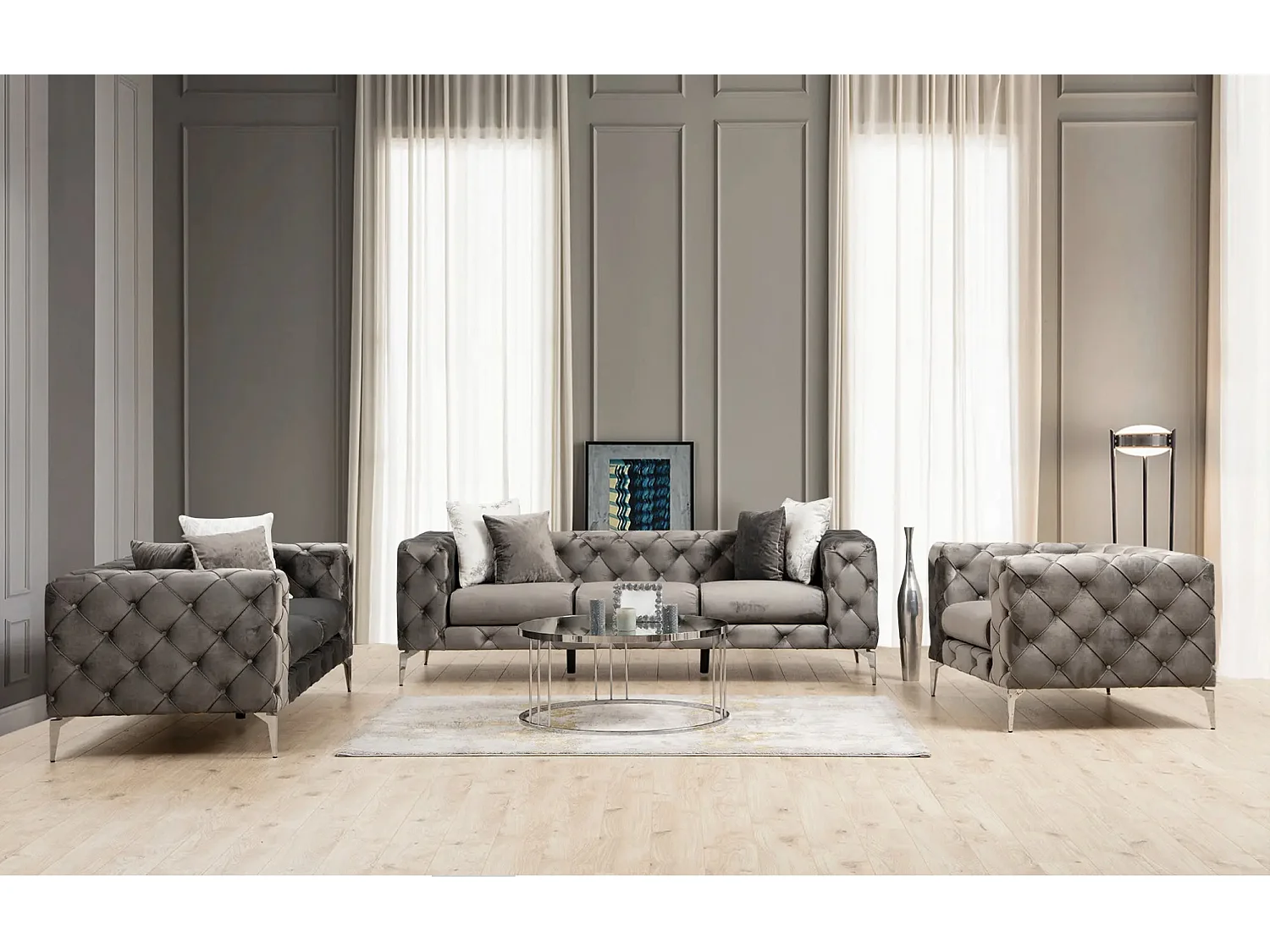 Canapé 2 places capitonné velours gris foncé et pieds chromés Herakles 197cm